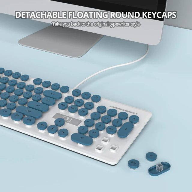 Alt view image 3 of 7 - Retro Typewriter Blue Keyboard Full Size, 104 Keys LED Backlit Wired Membrane Keyboard with Number Pad, Ultra Slim Quiet Home/Office Computer Keyboard for PC, Laptop, Desktop (Blue)