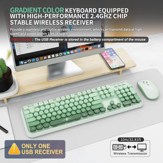 Alt view image 2 of 7 - FOPETT Wireless Keyboard and Mouse Combo, 104 Keys Full-Sized 2.4 GHz Round Keycap Colorful Keyboards, USB Receiver Plug and Play, for Windows, Mac, PC, Laptop, Desktop (GradientGreen)
