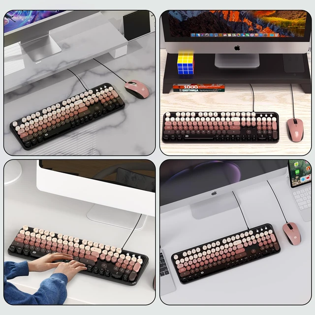 Alt view image 7 of 7 - FOPETT 8870P Wired Keyboard and Mouse Combo - Full-Sized Computer Keyboards with 104 Round Keys Retro Typewriter Mouse and Keyboard for PC Windows Desktop Laptop - Black-Berry Colorful