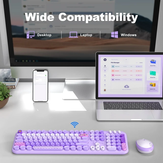 Alt view image 3 of 7 - MOFII Wireless Keyboard and Mouse Combo, Full-Size Retro Typewriter-Style Wireless Keyboard with Optical Mouse for Computer/Laptop/Windows/Mac (Purple Mixed)