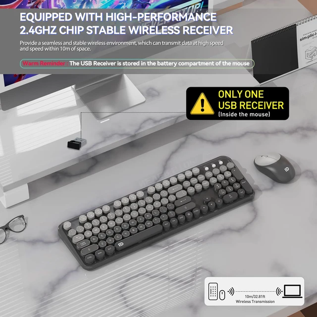 Alt view image 3 of 7 - FOPETT Wireless Keyboard and Mouse Combo - Cute Colorful Mouse and Keyboard 2.4G Full-Sized with 104 Round Keys Retro Typewriter Keyboards for Laptop/Windows/PC - Grey Gradient