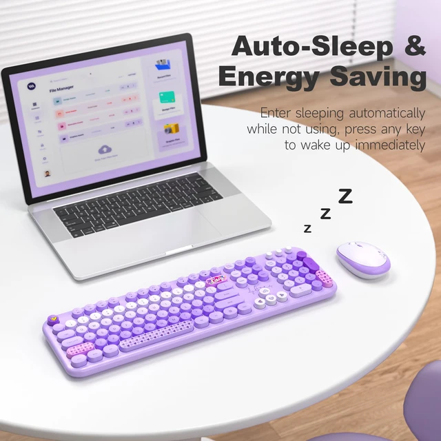Alt view image 4 of 7 - MOFII Wireless Keyboard and Mouse Combo, Full-Size Retro Typewriter-Style Wireless Keyboard with Optical Mouse for Computer/Laptop/Windows/Mac (Purple Mixed)