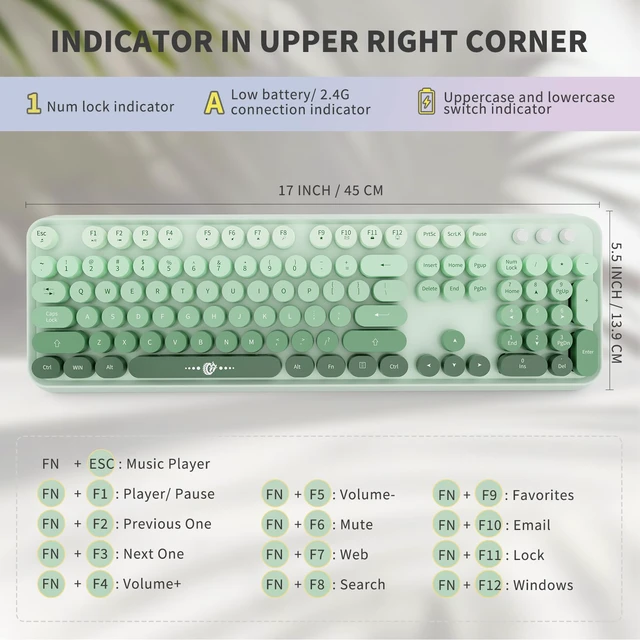 Alt view image 3 of 7 - FOPETT Wireless Keyboard and Mouse Combo, 104 Keys Full-Sized 2.4 GHz Round Keycap Colorful Keyboards, USB Receiver Plug and Play, for Windows, Mac, PC, Laptop, Desktop (GradientGreen)