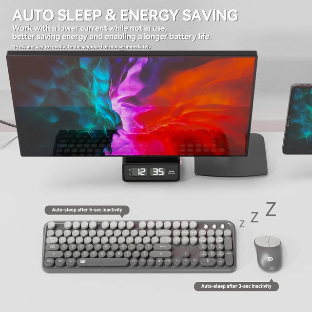 Alt view image 4 of 7 - FOPETT Wireless Keyboard and Mouse Combo - Cute Colorful Mouse and Keyboard 2.4G Full-Sized with 104 Round Keys Retro Typewriter Keyboards for Laptop/Windows/PC - Grey Gradient