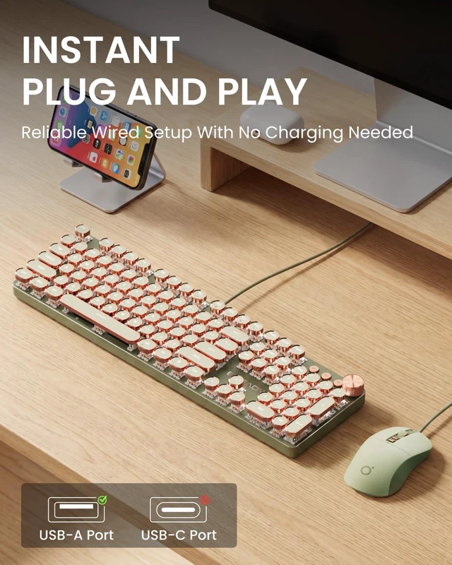 Alt view image 5 of 7 - Wired Typewriter Keyboard and Mouse Combo, Low Noise Pink Switch-Green