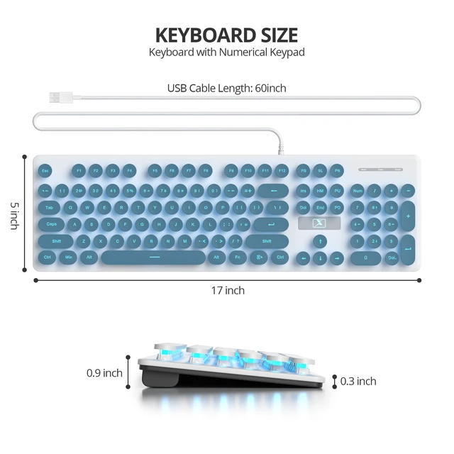 Alt view image 5 of 7 - Retro Typewriter Blue Keyboard Full Size, 104 Keys LED Backlit Wired Membrane Keyboard with Number Pad, Ultra Slim Quiet Home/Office Computer Keyboard for PC, Laptop, Desktop (Blue)