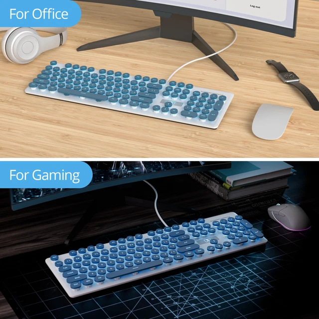 Alt view image 6 of 7 - Retro Typewriter Blue Keyboard Full Size, 104 Keys LED Backlit Wired Membrane Keyboard with Number Pad, Ultra Slim Quiet Home/Office Computer Keyboard for PC, Laptop, Desktop (Blue)