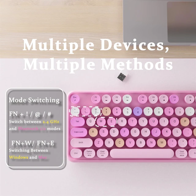 Alt view image 4 of 6 - Wireless Bluetooth Keyboard, Colorful Round Keycaps (Pink Colorful)