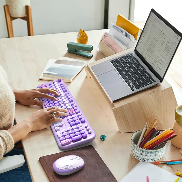 Alt view image 6 of 7 - MOFII Wireless Keyboard and Mouse Combo, Full-Size Retro Typewriter-Style Wireless Keyboard with Optical Mouse for Computer/Laptop/Windows/Mac (Purple Mixed)
