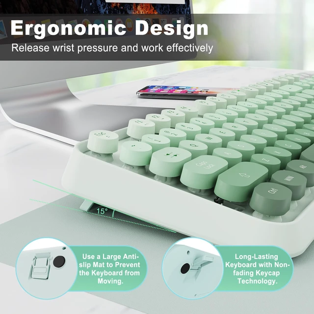 Alt view image 6 of 7 - FOPETT Wireless Keyboard and Mouse Combo, 104 Keys Full-Sized 2.4 GHz Round Keycap Colorful Keyboards, USB Receiver Plug and Play, for Windows, Mac, PC, Laptop, Desktop (GradientGreen)