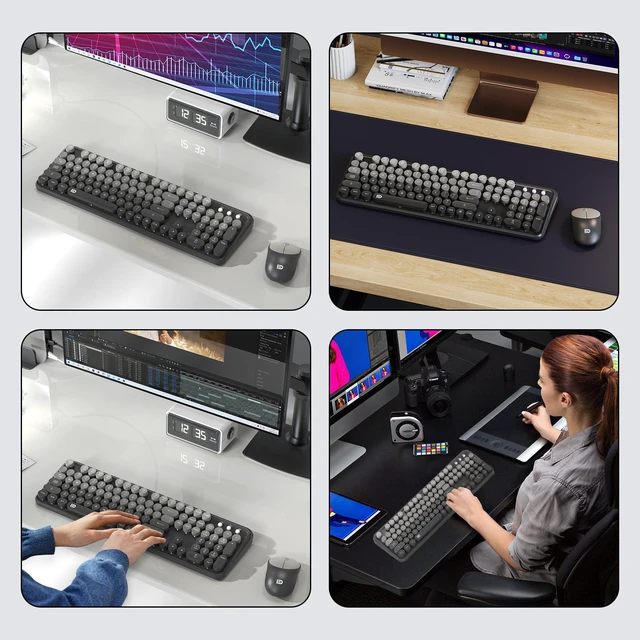 Alt view image 7 of 7 - FOPETT Wireless Keyboard and Mouse Combo - Cute Colorful Mouse and Keyboard 2.4G Full-Sized with 104 Round Keys Retro Typewriter Keyboards for Laptop/Windows/PC - Grey Gradient