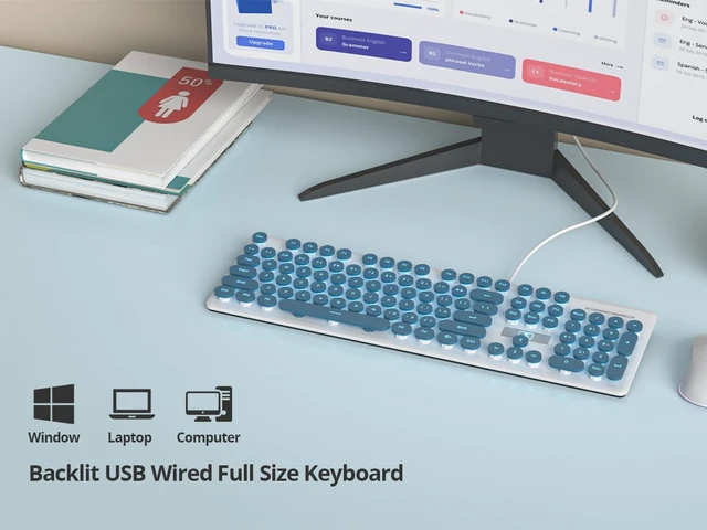 Alt view image 7 of 7 - Retro Typewriter Blue Keyboard Full Size, 104 Keys LED Backlit Wired Membrane Keyboard with Number Pad, Ultra Slim Quiet Home/Office Computer Keyboard for PC, Laptop, Desktop (Blue)