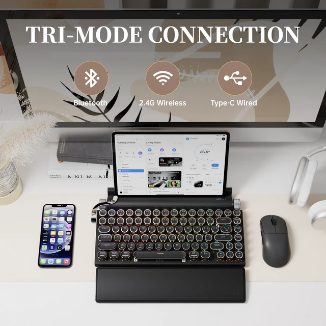 Alt view image 2 of 7 - 7KEYS Typewriter Keyboard Wireless Retro Style, Vintage Classical Mechanical Keyboard with Bluetooth for IPAD PC/Laptop Mac/Phone (Black+Wrist)