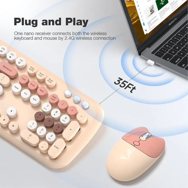 Alt view image 2 of 7 - MOFII Wireless Keyboard and Mouse Combo, 2.4G Full-Size Retro Typewriter Computer Keyboard and 3 Level DPI Adjustable Wireless Mouse for Windows, Mac OS Desktop/Laptop/PC-Milk Tea Colorful