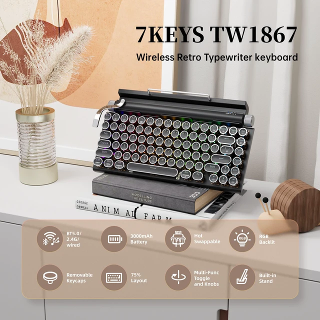 Alt view image 3 of 7 - 7KEYS Typewriter Keyboard Wireless Retro Style, Vintage Classical Mechanical Keyboard with Bluetooth for IPAD PC/Laptop Mac/Phone (Black+Wrist)