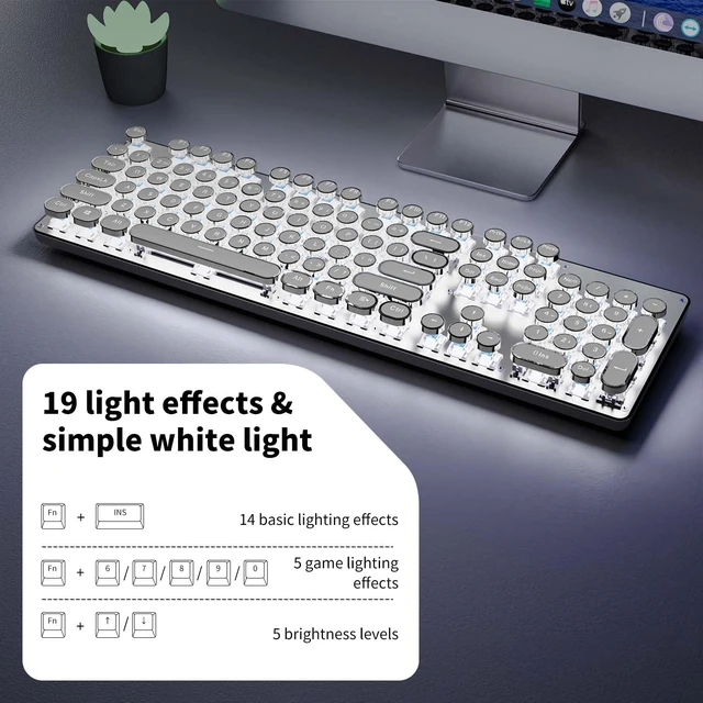 Alt view image 5 of 7 - Wireless Typewriter Style Mechanical Keyboard with White Backlit, White