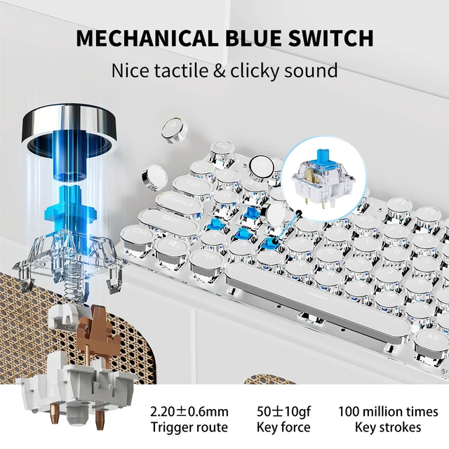 Alt view image 6 of 7 - Wireless Typewriter Style Mechanical Keyboard with White Backlit, White