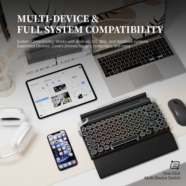 Alt view image 4 of 7 - 7KEYS Typewriter Keyboard Wireless Retro Style, Vintage Classical Mechanical Keyboard with Bluetooth for IPAD PC/Laptop Mac/Phone (Black+Wrist)