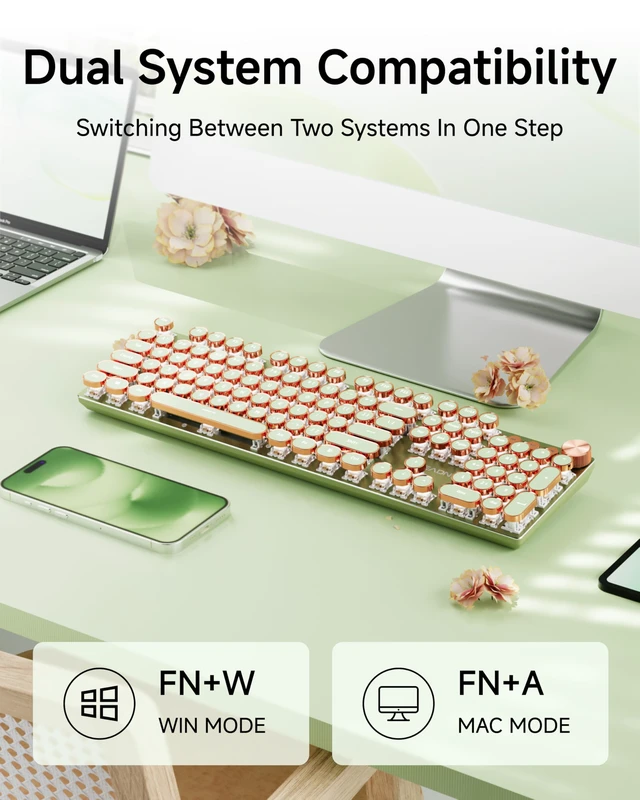 Alt view image 4 of 7 - Wireless Typewriter Style Mechanical Keyboard with White Backlit, Knob