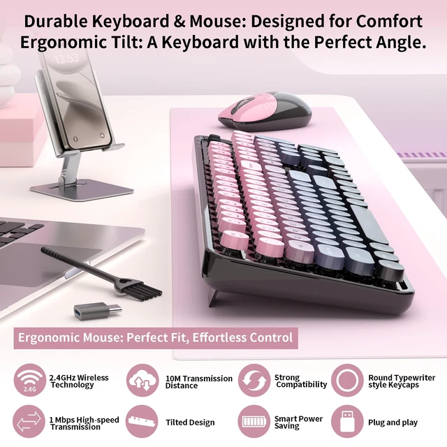 Alt view image 2 of 7 - Wireless Keyboard and Mouse, MOFII 104 Round Keycaps Retro Typewriter with OTG & Brush, Full-Size Ergonomic, Ideal for Windows PC, Home, Office and College Peach Pink