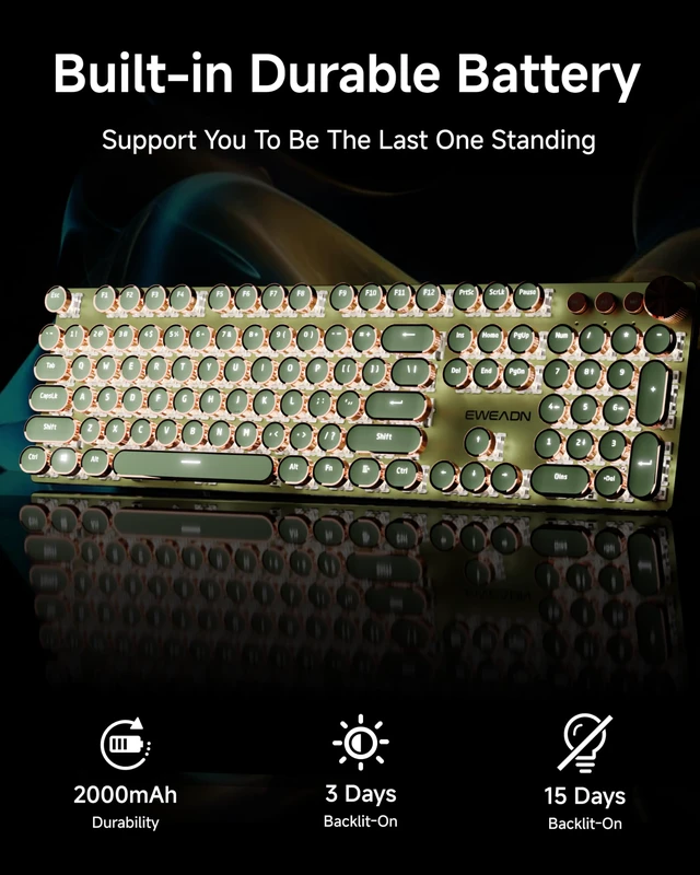 Alt view image 5 of 7 - Wireless Typewriter Style Mechanical Keyboard with White Backlit, Knob