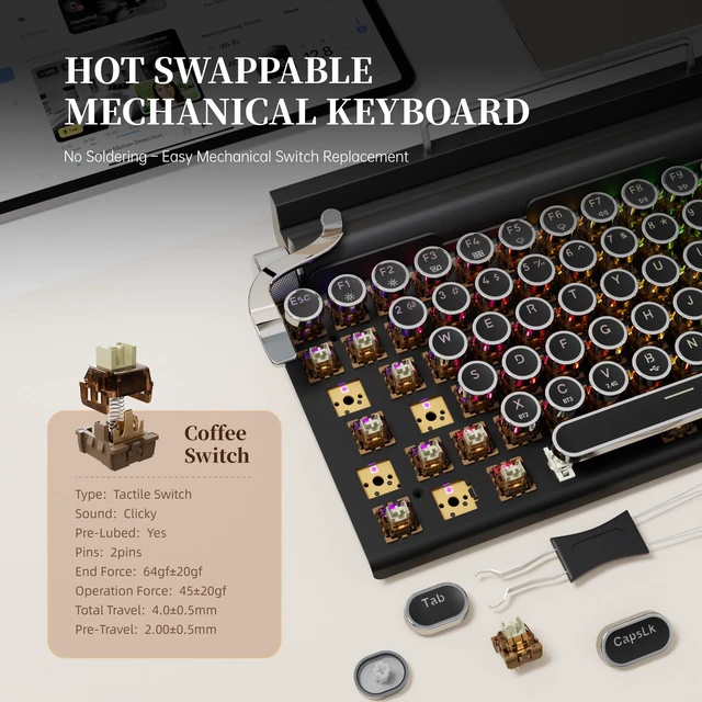 Alt view image 5 of 7 - 7KEYS Typewriter Keyboard Wireless Retro Style, Vintage Classical Mechanical Keyboard with Bluetooth for IPAD PC/Laptop Mac/Phone (Black+Wrist)