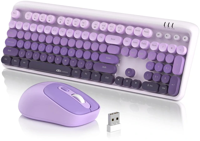 Main image of MageGee V920 Wireless Keyboard and Mouse Combo, 2.4G Full-Sized Retro Typewriter Keyboard with Round Keycaps & Auto-Sleep Mode, Cute Computer Keyboard and Cordless Optical Mouse for Laptop/PC (Purple)