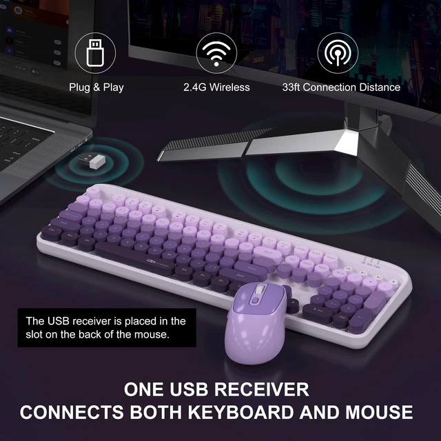 Alt view image 2 of 7 - MageGee V920 Wireless Keyboard and Mouse Combo, 2.4G Full-Sized Retro Typewriter Keyboard with Round Keycaps & Auto-Sleep Mode, Cute Computer Keyboard and Cordless Optical Mouse for Laptop/PC (Purple)