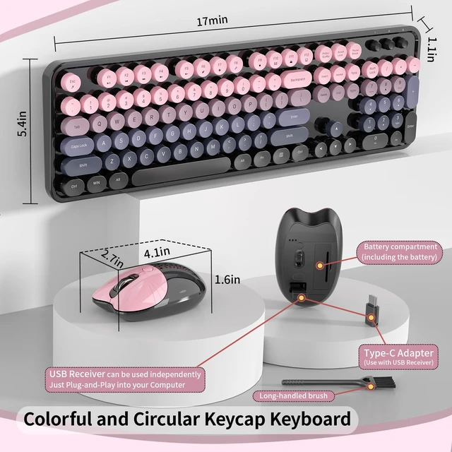 Alt view image 5 of 7 - Wireless Keyboard and Mouse, MOFII 104 Round Keycaps Retro Typewriter with OTG & Brush, Full-Size Ergonomic, Ideal for Windows PC, Home, Office and College Peach Pink