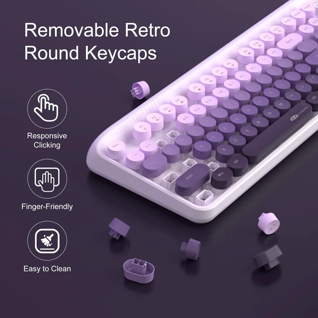 Alt view image 3 of 7 - MageGee V920 Wireless Keyboard and Mouse Combo, 2.4G Full-Sized Retro Typewriter Keyboard with Round Keycaps & Auto-Sleep Mode, Cute Computer Keyboard and Cordless Optical Mouse for Laptop/PC (Purple)