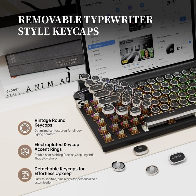 Alt view image 6 of 7 - 7KEYS Typewriter Keyboard Wireless Retro Style, Vintage Classical Mechanical Keyboard with Bluetooth for IPAD PC/Laptop Mac/Phone (Black+Wrist)
