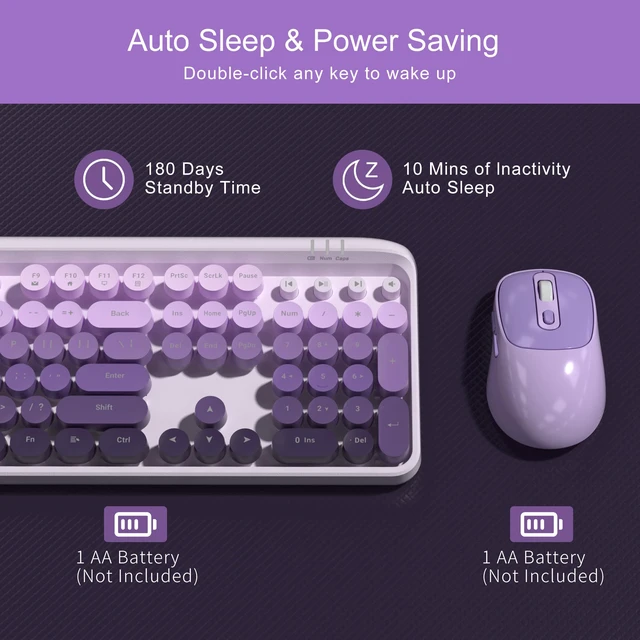 Alt view image 4 of 7 - MageGee V920 Wireless Keyboard and Mouse Combo, 2.4G Full-Sized Retro Typewriter Keyboard with Round Keycaps & Auto-Sleep Mode, Cute Computer Keyboard and Cordless Optical Mouse for Laptop/PC (Purple)