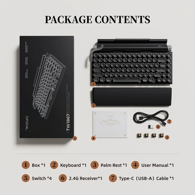 Alt view image 7 of 7 - 7KEYS Typewriter Keyboard Wireless Retro Style, Vintage Classical Mechanical Keyboard with Bluetooth for IPAD PC/Laptop Mac/Phone (Black+Wrist)