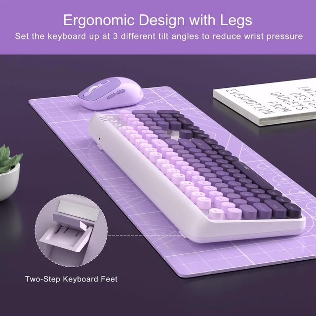 Alt view image 5 of 7 - MageGee V920 Wireless Keyboard and Mouse Combo, 2.4G Full-Sized Retro Typewriter Keyboard with Round Keycaps & Auto-Sleep Mode, Cute Computer Keyboard and Cordless Optical Mouse for Laptop/PC (Purple)