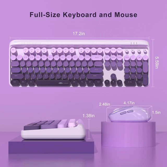 Alt view image 7 of 7 - MageGee V920 Wireless Keyboard and Mouse Combo, 2.4G Full-Sized Retro Typewriter Keyboard with Round Keycaps & Auto-Sleep Mode, Cute Computer Keyboard and Cordless Optical Mouse for Laptop/PC (Purple)