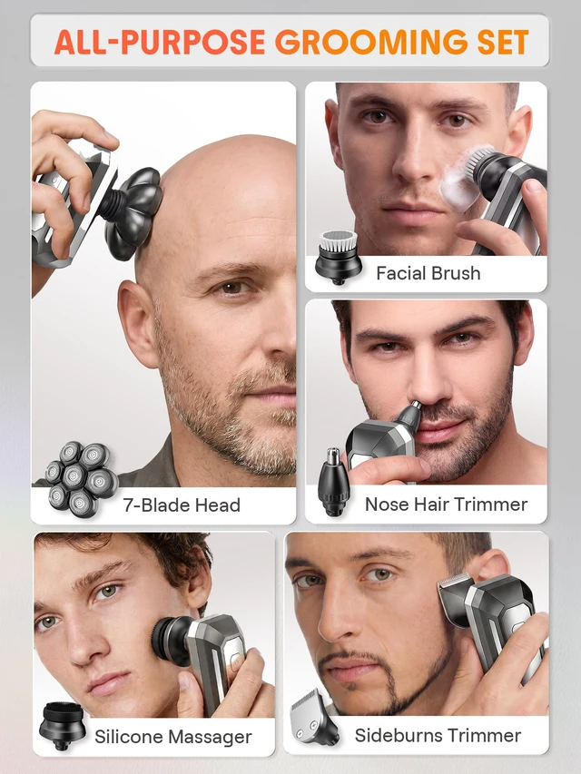 Alt view image 2 of 7 - Head Shavers for Bald Men, 7D Detachable Floating Blades Electric Razor, 5-in-1 Grooming Kit, Beard Trimmer, Nose Hair Trimmer, LED Display, Wet Dry Shaver, Gifts for Men, 800mAh Large Battery