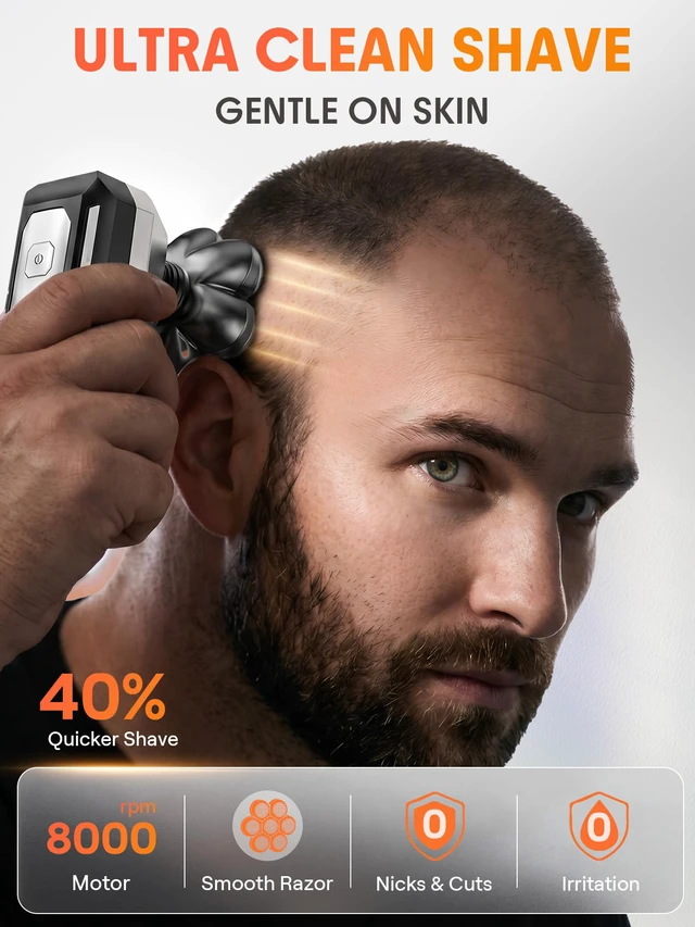 Alt view image 3 of 7 - Head Shavers for Bald Men, 7D Detachable Floating Blades Electric Razor, 5-in-1 Grooming Kit, Beard Trimmer, Nose Hair Trimmer, LED Display, Wet Dry Shaver, Gifts for Men, 800mAh Large Battery