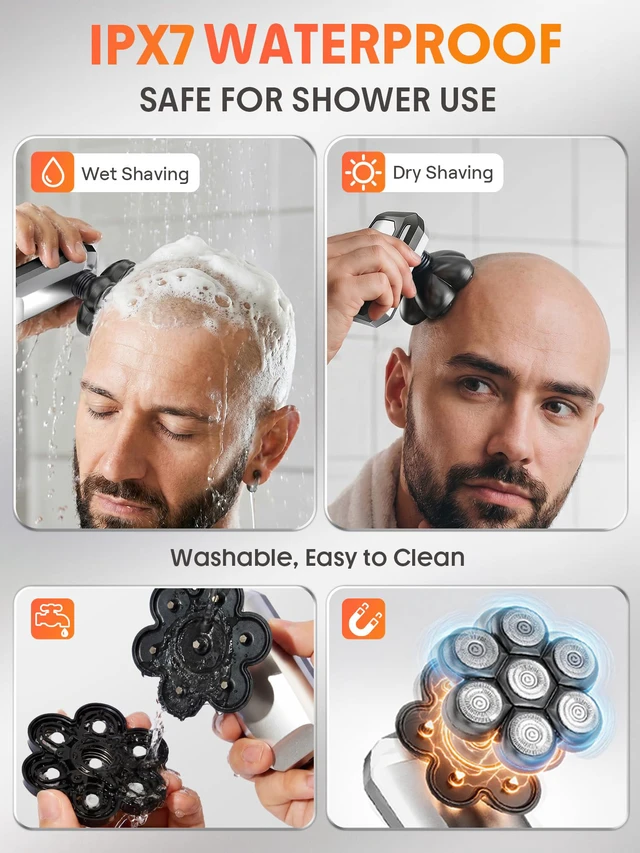 Alt view image 4 of 7 - Head Shavers for Bald Men, 7D Detachable Floating Blades Electric Razor, 5-in-1 Grooming Kit, Beard Trimmer, Nose Hair Trimmer, LED Display, Wet Dry Shaver, Gifts for Men, 800mAh Large Battery