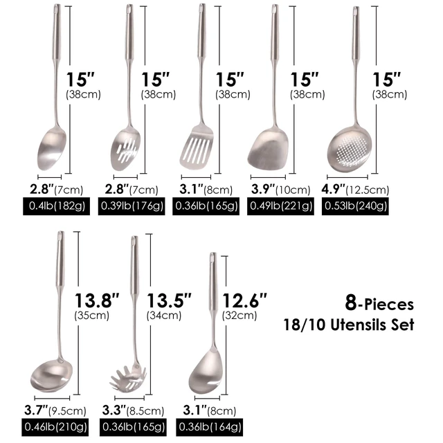 Alt view image 2 of 7 - 18/10 Stainless Steel Kitchen Utensils Set - 8 PCS All Metal Cooking Spoons