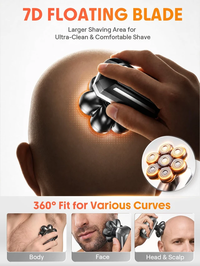 Alt view image 6 of 7 - Head Shavers for Bald Men, 7D Detachable Floating Blades Electric Razor, 5-in-1 Grooming Kit, Beard Trimmer, Nose Hair Trimmer, LED Display, Wet Dry Shaver, Gifts for Men, 800mAh Large Battery