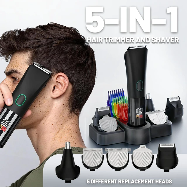 Alt view image 2 of 6 - Hair and Beard Trimmer, 5 in 1 Men's Grooming Kit, Electric Hair Clipper Body Shaver for Ear, Nose, Face, Groin with 5 Guards Combs & Charging Stand