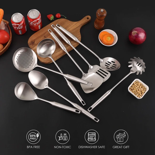 Alt view image 5 of 7 - 18/10 Stainless Steel Kitchen Utensils Set - 8 PCS All Metal Cooking Spoons