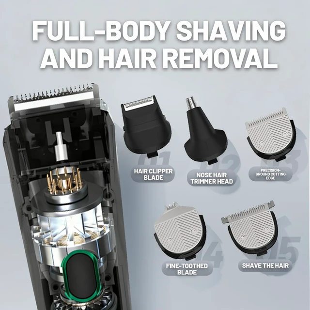 Alt view image 5 of 6 - Hair and Beard Trimmer, 5 in 1 Men's Grooming Kit, Electric Hair Clipper Body Shaver for Ear, Nose, Face, Groin with 5 Guards Combs & Charging Stand