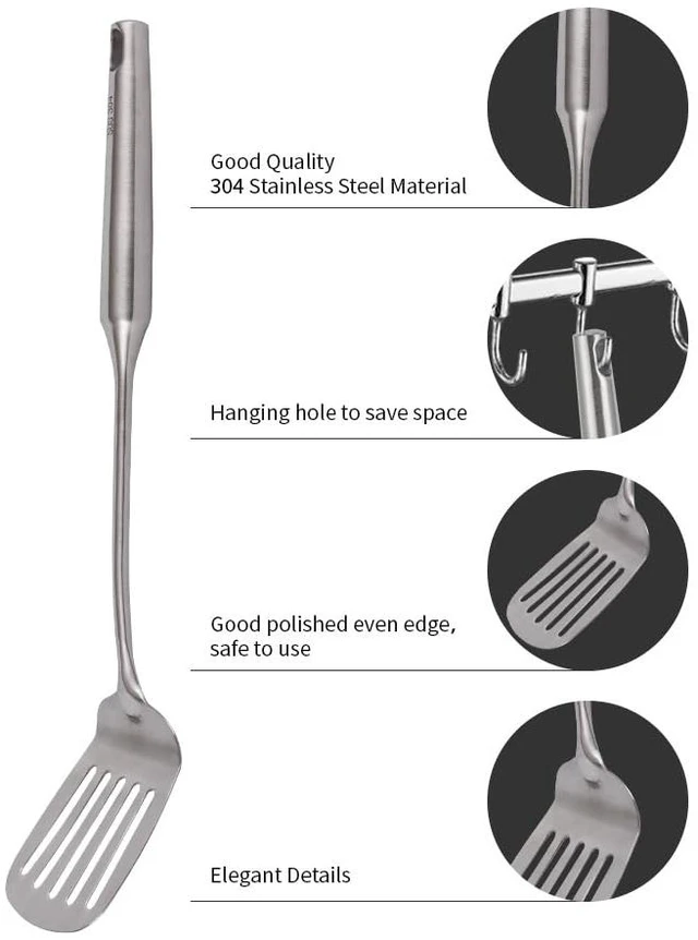 Alt view image 3 of 6 - 304 Stainless Steel Kitchen Utensils Set, VALESKA 6 PCS Metal Cooking Utensils Set, metal spoon,Wok Spatula, Ladle, Skimmer Slotted Spoon,Serving Large Spoon, Slotted Spatula Tunner