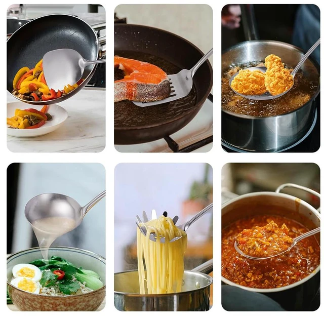 Alt view image 4 of 6 - 304 Stainless Steel Kitchen Utensils Set, VALESKA 6 PCS Metal Cooking Utensils Set, metal spoon,Wok Spatula, Ladle, Skimmer Slotted Spoon,Serving Large Spoon, Slotted Spatula Tunner