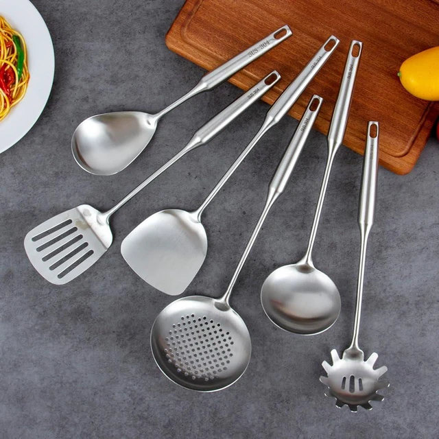 Alt view image 5 of 6 - 304 Stainless Steel Kitchen Utensils Set, VALESKA 6 PCS Metal Cooking Utensils Set, metal spoon,Wok Spatula, Ladle, Skimmer Slotted Spoon,Serving Large Spoon, Slotted Spatula Tunner