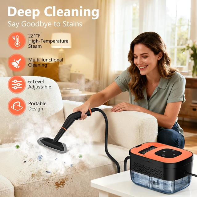 Alt view image 2 of 7 - Steam Cleaner, Portable Steamer for Cleaning with 16pcs Accessories, 6-Level Adjustable and 15s Heat-Up, Handheld Steam Cleaner for Home, Tile, Dirt, Grout, Grease, Car Detailing, Orange