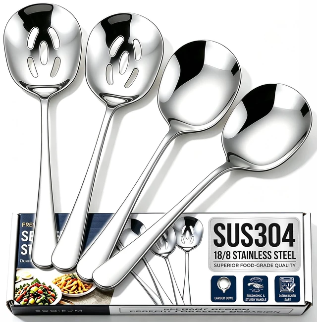 Main image of 4-piece Serving Spoons, 18/8 stainless steel, Large Buffet Serving Spoon, 2 Slotted Spoons & 2 Solid Spoons, Heavy Duty 304 Stainless Steel Tabletop Flatware Utensil for Banquet, Cooking, and Kitchen