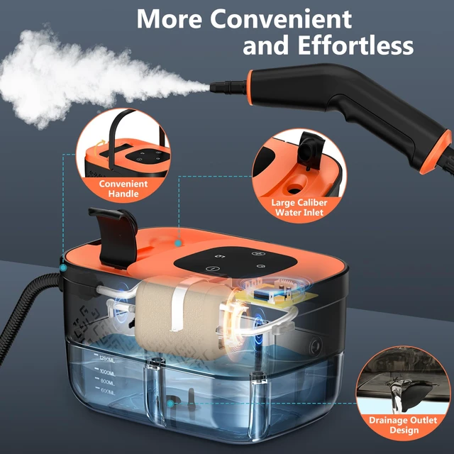 Alt view image 5 of 7 - Steam Cleaner, Portable Steamer for Cleaning with 16pcs Accessories, 6-Level Adjustable and 15s Heat-Up, Handheld Steam Cleaner for Home, Tile, Dirt, Grout, Grease, Car Detailing, Orange
