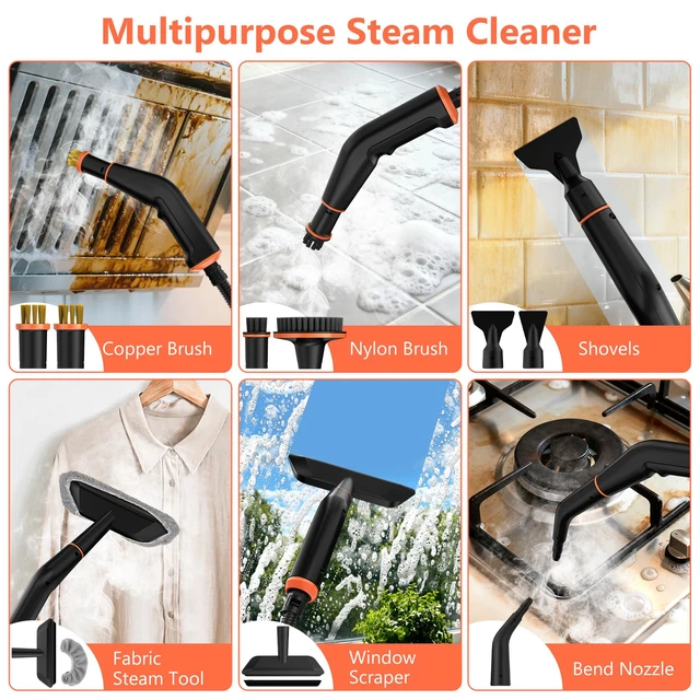 Alt view image 7 of 7 - Steam Cleaner, Portable Steamer for Cleaning with 16pcs Accessories, 6-Level Adjustable and 15s Heat-Up, Handheld Steam Cleaner for Home, Tile, Dirt, Grout, Grease, Car Detailing, Orange